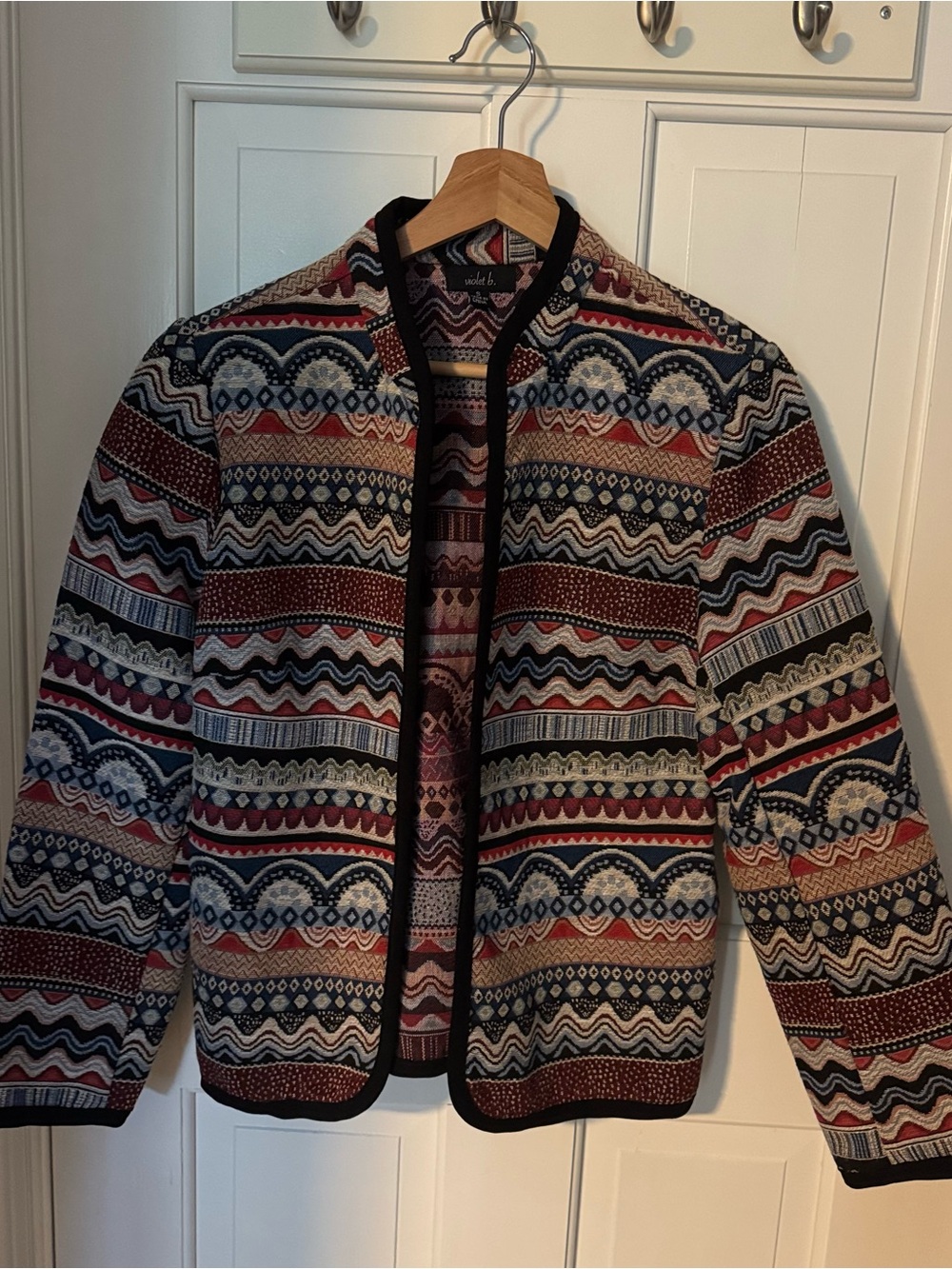 Wool Blend Patterned Collarless Jacket Contrast Trim Sz S Trending Fall